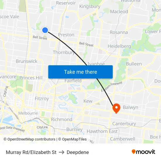 Murray Rd/Elizabeth St to Deepdene map
