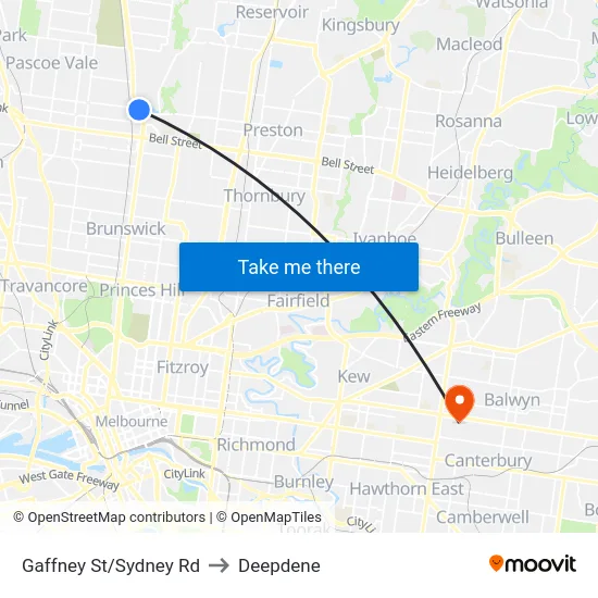 Gaffney St/Sydney Rd to Deepdene map
