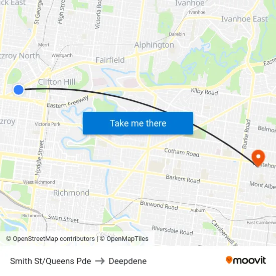 Smith St/Queens Pde to Deepdene map