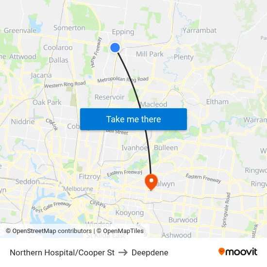 Northern Hospital/Cooper St to Deepdene map