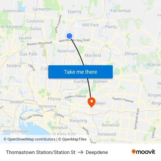 Thomastown Station/Station St to Deepdene map