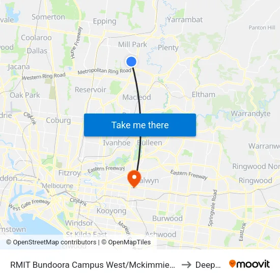 RMIT Bundoora Campus West/Mckimmies Rd to Deepdene map