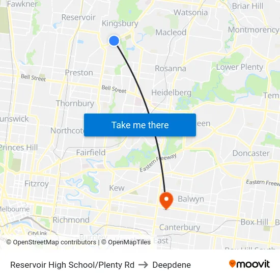 Reservoir High School/Plenty Rd to Deepdene map