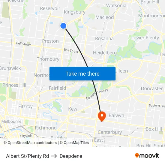 Albert St/Plenty Rd to Deepdene map