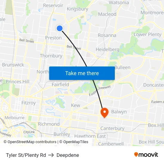 Tyler St/Plenty Rd to Deepdene map