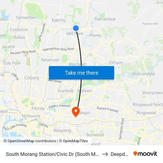 South Morang Station/Civic Dr to Deepdene map