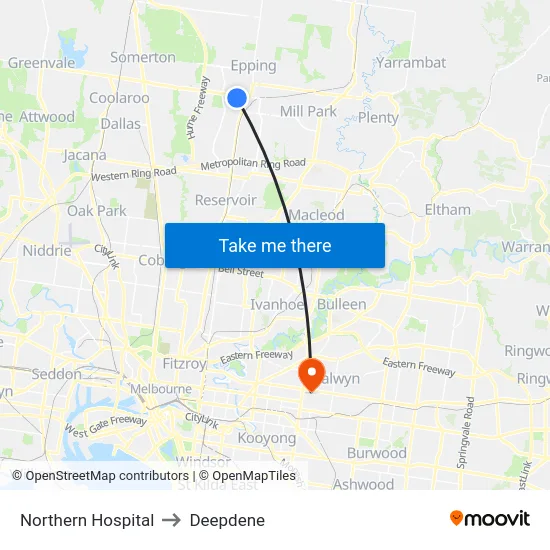 Northern Hospital to Deepdene map