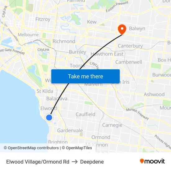 Elwood Village/Ormond Rd to Deepdene map