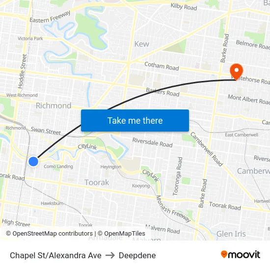 Chapel St/Alexandra Ave to Deepdene map