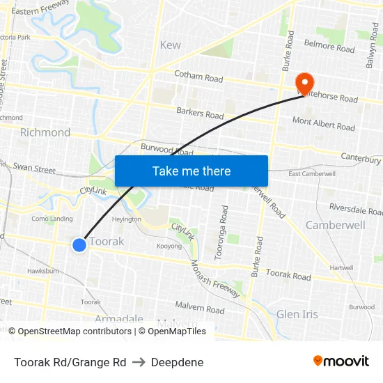 Toorak Rd/Grange Rd to Deepdene map