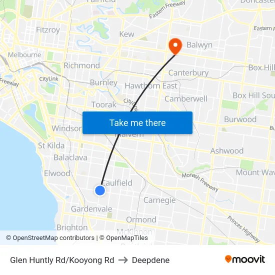 Glen Huntly Rd/Kooyong Rd to Deepdene map