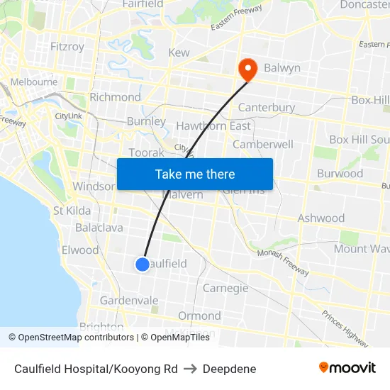 Caulfield Hospital/Kooyong Rd to Deepdene map