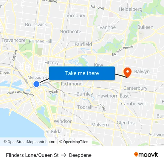 Flinders Lane/Queen St to Deepdene map