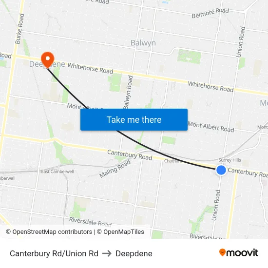 Canterbury Rd/Union Rd to Deepdene map