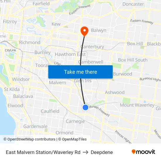 East Malvern Station/Waverley Rd to Deepdene map