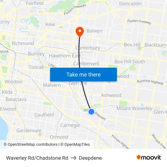Waverley Rd/Chadstone Rd to Deepdene map