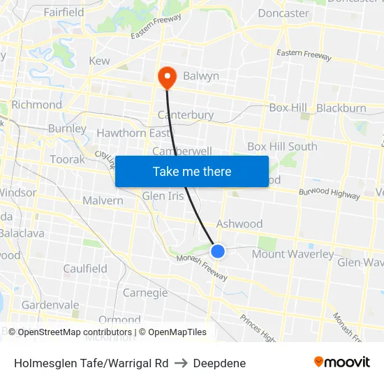 Holmesglen Tafe/Warrigal Rd to Deepdene map