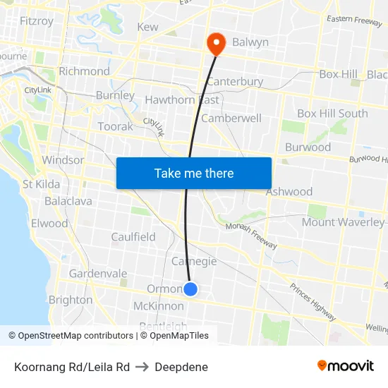 Koornang Rd/Leila Rd to Deepdene map