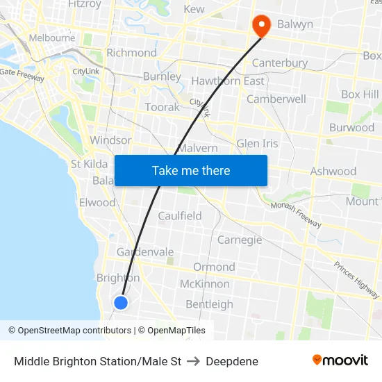 Middle Brighton Station/Male St to Deepdene map