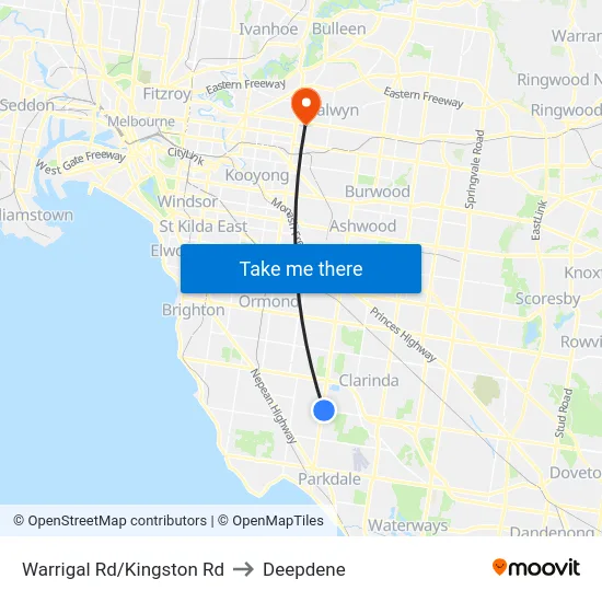 Warrigal Rd/Kingston Rd to Deepdene map