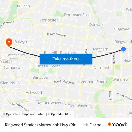 Ringwood Station/Maroondah Hwy to Deepdene map