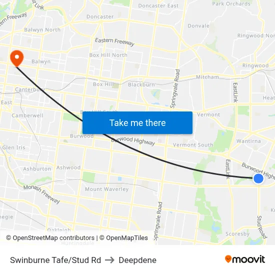 Swinburne Tafe/Stud Rd to Deepdene map