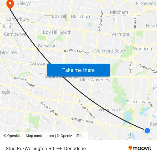 Stud Rd/Wellington Rd to Deepdene map