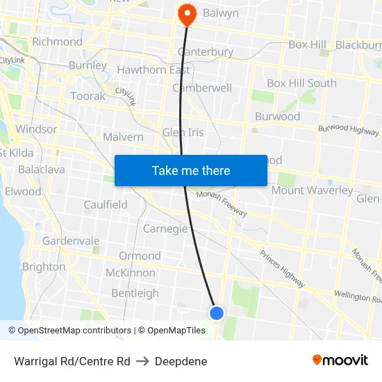 Warrigal Rd/Centre Rd to Deepdene map