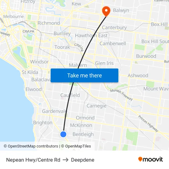Nepean Hwy/Centre Rd to Deepdene map