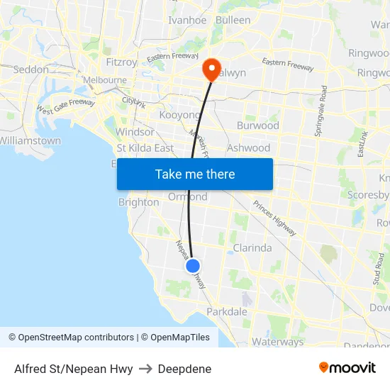 Alfred St/Nepean Hwy to Deepdene map