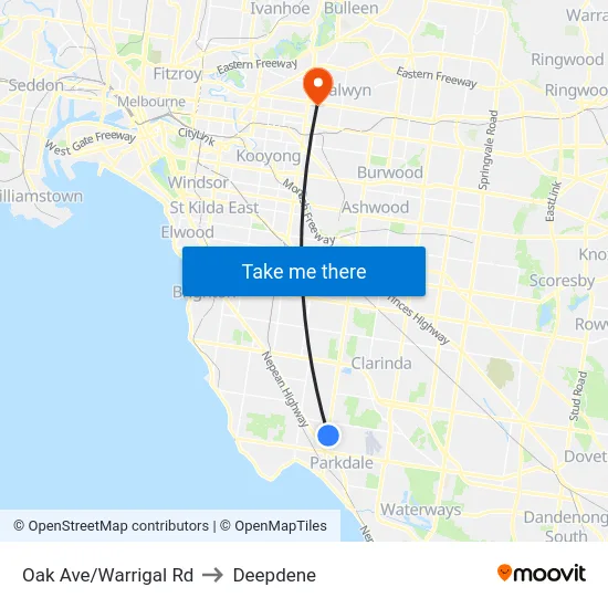 Oak Ave/Warrigal Rd to Deepdene map