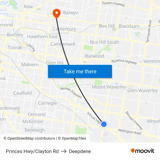 Princes Hwy/Clayton Rd to Deepdene map