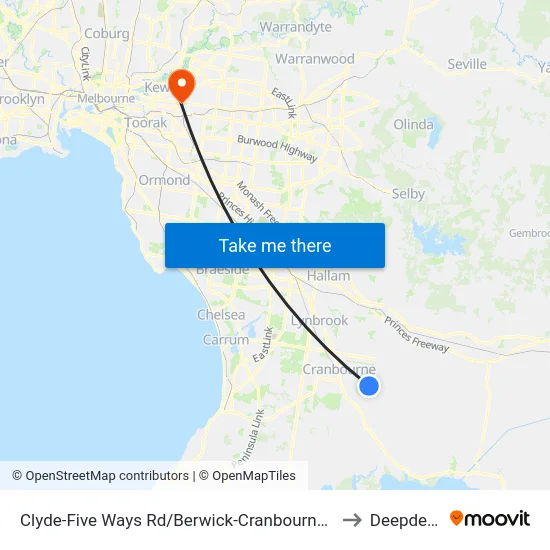 Clyde-Five Ways Rd/Berwick-Cranbourne Rd to Deepdene map