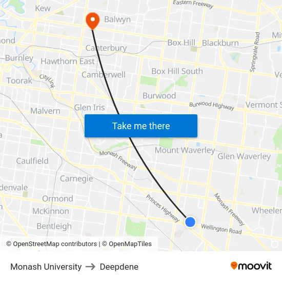 Monash University to Deepdene map