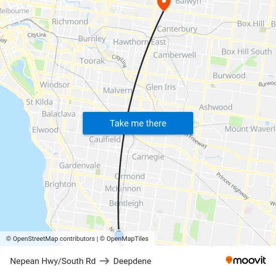 Nepean Hwy/South Rd to Deepdene map