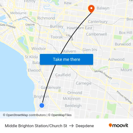 Middle Brighton Station/Church St to Deepdene map