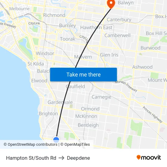 Hampton St/South Rd to Deepdene map