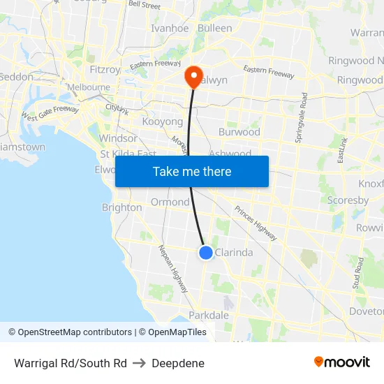 Warrigal Rd/South Rd to Deepdene map
