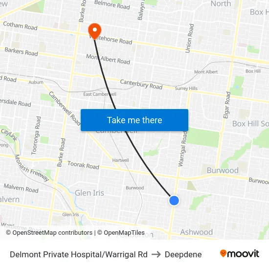 Delmont Private Hospital/Warrigal Rd to Deepdene map