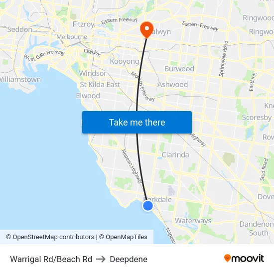 Warrigal Rd/Beach Rd to Deepdene map
