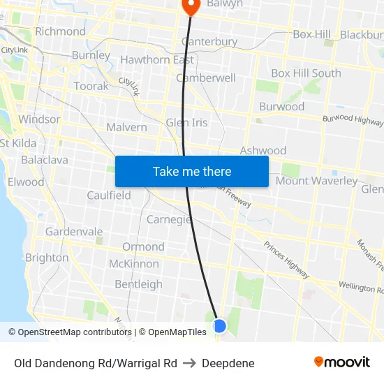 Old Dandenong Rd/Warrigal Rd to Deepdene map