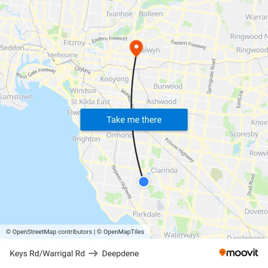 Keys Rd/Warrigal Rd to Deepdene map