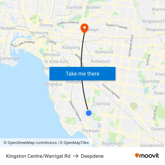 Kingston Centre/Warrigal Rd to Deepdene map