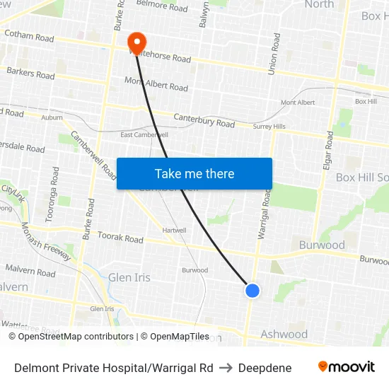 Delmont Private Hospital/Warrigal Rd to Deepdene map