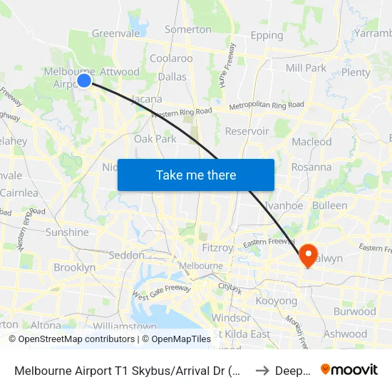 Melbourne Airport T1 Skybus/Arrival Dr to Deepdene map