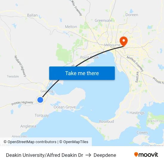 Deakin University/Alfred Deakin Dr to Deepdene map