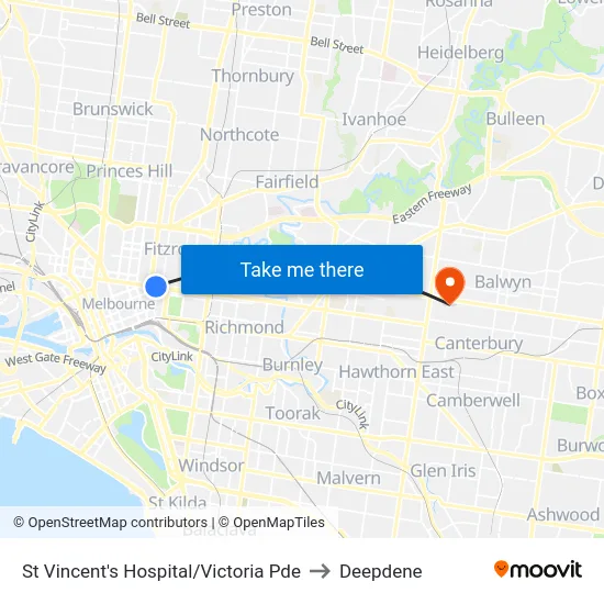 St Vincent's Hospital/Victoria Pde to Deepdene map