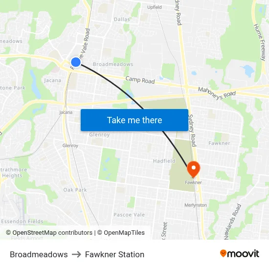 Broadmeadows to Fawkner Station map