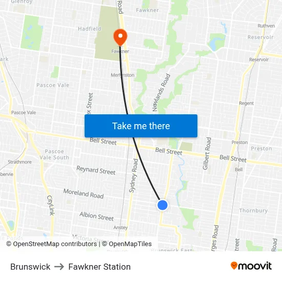 Brunswick to Fawkner Station map