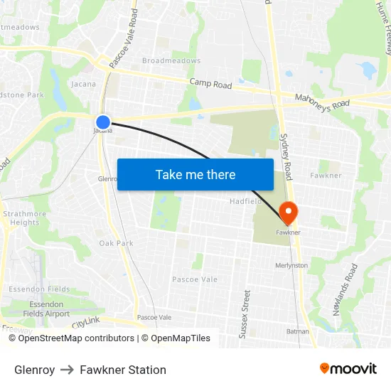 Glenroy to Fawkner Station map